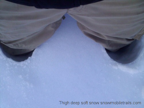 Thigh deep soft snow near Devil Track Lake